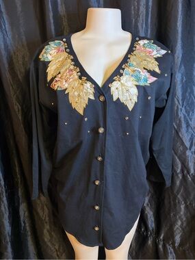 Vintage 90s Embellished Black V-Neck Cardigan with Gold Leaf Appliqué